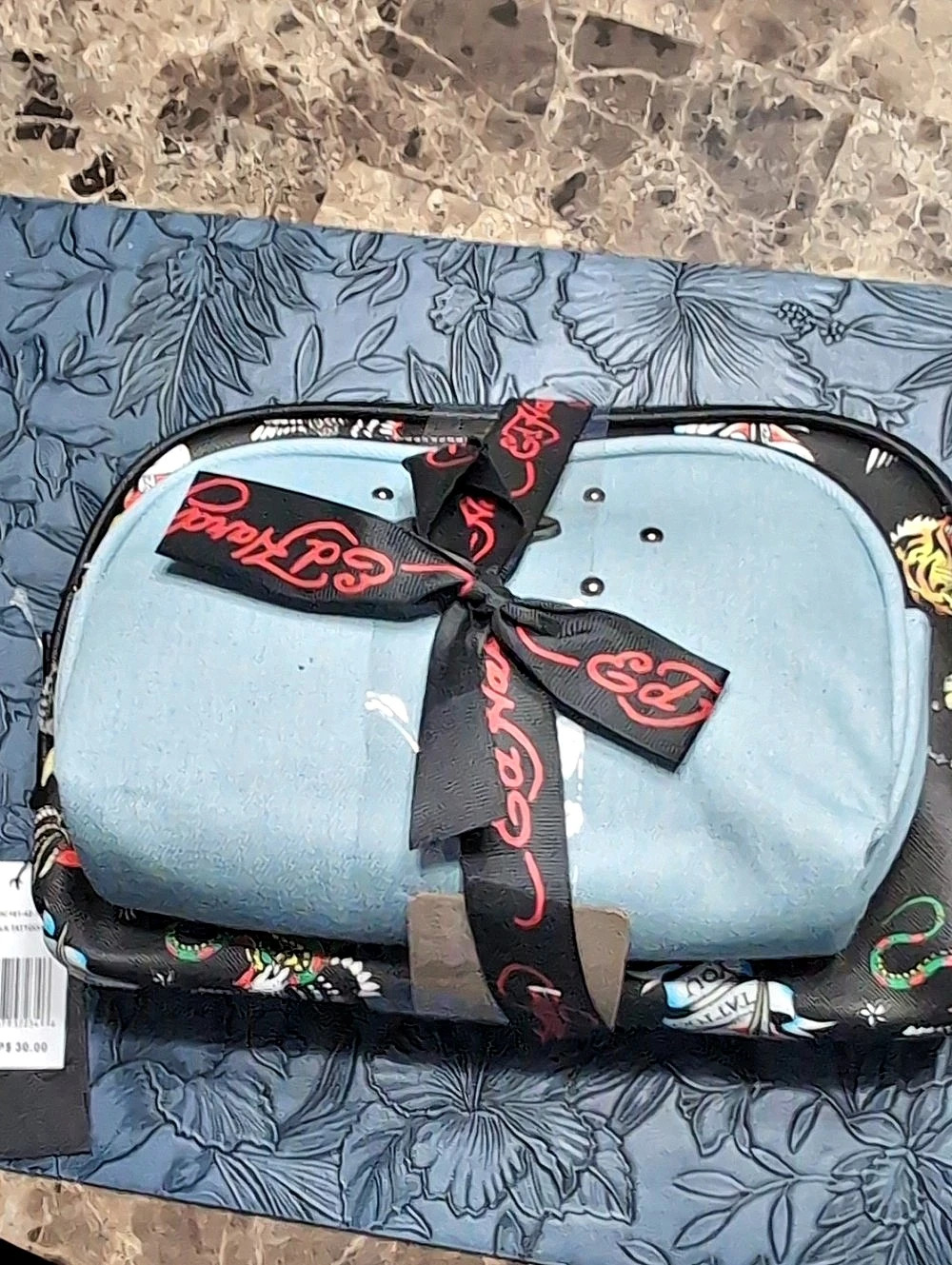 Ed Hardy Floral Cosmetic Bag in Blue & Black Set NWT